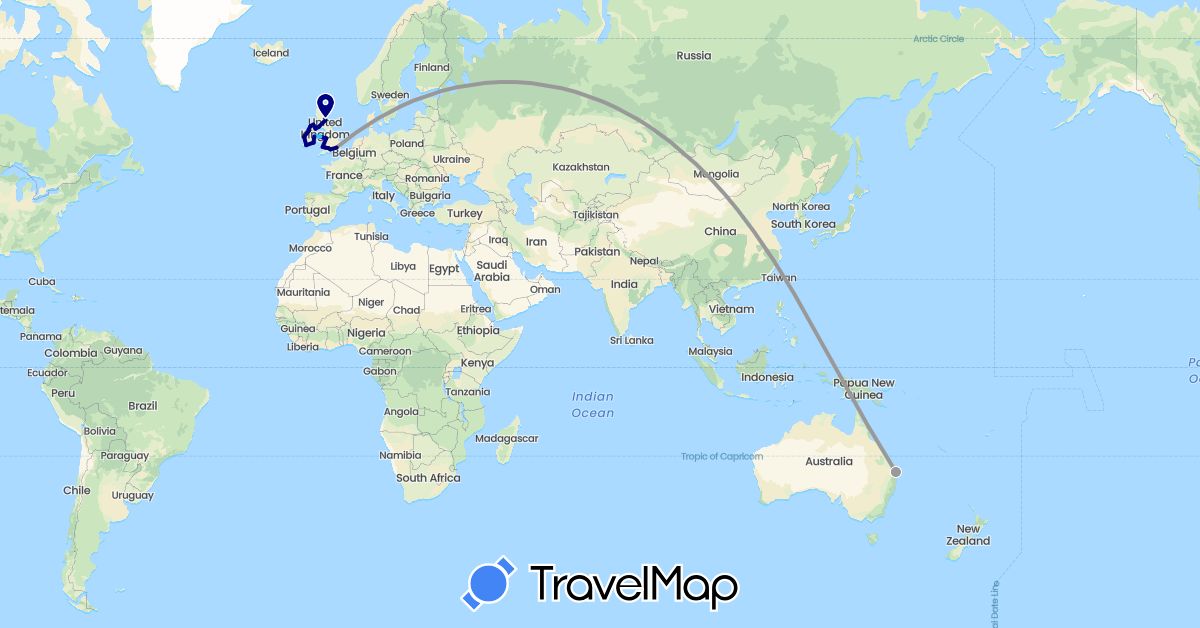 TravelMap itinerary: driving, plane, boat in Australia, United Kingdom, Ireland (Europe, Oceania)